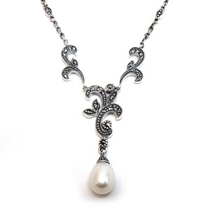 Marcasite and Freshwater Pearl Sterling Scroll Necklace